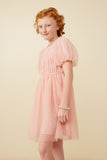 GY7301 Blush Girls Smocked Puff Sleeve Mesh Dress Pose