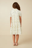 GY7303 Cream Girls Linen Texured Ruffled Ditsy Floral Dress Back