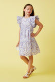 GY7313 Lavender Girls Ditsy Floral Exaggerated Ruffle Sleeve Dress Full Body