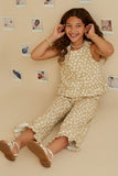 GY7326 Beige Girls Floral Button Back Ruffled Hem Tank Pose