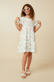 GY7336 Off White Girls Textured Floral Button Detail Bubble Sleeve Dress Full Body