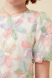 GY7415 Pink Mix Girls Sequined Floral Applique Bubble Sleeve Top Detail