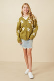 GY7434 Olive Girls Distressed Floral Patterned Cardigan Full Body