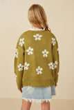 GY7434 Olive Girls Distressed Floral Patterned Cardigan Back