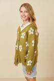 GY7434 Olive Girls Distressed Floral Patterned Cardigan Side