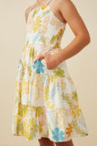 GY7438 Yellow Girls Tropic Foliage Print Smocked Tank Dress Side