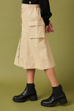 GY7498 Beige Girls Button Down Cargo Pocket Midi Skirt Side