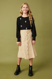 GY7498 Beige Girls Button Down Cargo Pocket Midi Skirt Full Body