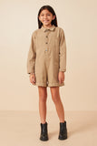 Girls Button Up Cargo Pocket Long Sleeve Romper Full Body