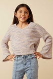 GY7523 Lavender Girls Textured V Neck Drop Should Marled Knit Top Front