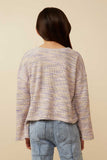 GY7523 Lavender Girls Textured V Neck Drop Should Marled Knit Top Back