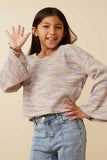 GY7523 Lavender Girls Textured V Neck Drop Should Marled Knit Top Pose