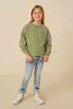 GY7528 Sage Girls Waffle Textured Striped Drop Shoulder T Shirt Pose