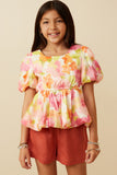 GY7533 Pink Mix Girls Satin Soft Floral Bubble Hem Foiled Peplum Top Front