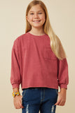 GY7536 Magenta Girls Drop Shoulder Washed Long Sleeve Knit T Shirt Front