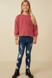 GY7536 Magenta Girls Drop Shoulder Washed Long Sleeve Knit T Shirt Full Body