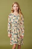 Girls Floral Print Button Up V Neck Smock Detail Dress Front