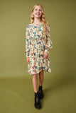 Girls Floral Print Button Up V Neck Smock Detail Dress Full Body