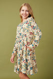 Girls Floral Print Button Up V Neck Smock Detail Dress Side