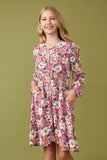 Girls Floral Print Button Up V Neck Smock Detail Dress Pose