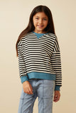 Girls Contrast Banded Detail Ribbed Stripe TopFront