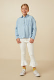 GY7594 Light Denim Girls Long Sleeve Chest Pocket Tencel Polo Shirt Full Body