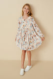 GY7626 Blush Girls Velvet Long Sleeve Statement Butterfly Print Dress Full Body