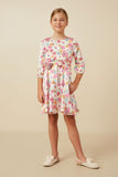 GY7627 Ivory Girls Satin Floral Long Sleeve Belted Flare Skirt Dress Full Body