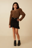 GY7634 Brown Girls Checkered Mohair Accent Shoulder Knit Top Full Body