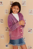 GY7643 Purple Girls Lurex Mix Statement Button Cropped Sweater Cardigan Pose