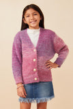 GY7643 Purple Girls Lurex Mix Statement Button Cropped Sweater Cardigan Front