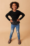 Girls Mix Media Long Sleeve Bubble Hem Peplum Top Full Body