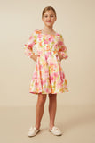 GY7674 Pink Mix Girls Lurex Floral Square Neck Peasant Sleeve Dress Full Body