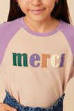 GY7679 Taupe Girls Merci Applique Brushed Color Block Raglan Top Detail