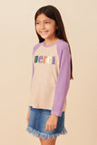 GY7679 Taupe Girls Merci Applique Brushed Color Block Raglan Top Side