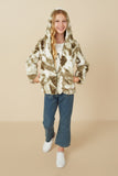 GY7690 Green Girls Camo Print Plush Hooded Jacket Pose