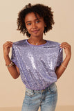 GY7693 Lavender Girls Sequined Short Sleeve Dolman Top Front