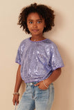 GY7693 Lavender Girls Sequined Short Sleeve Dolman Top Front 2