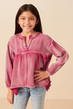 Girls Washed Raw Edge Puff Sleeve Peplum Top Front