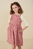 GY7790 Pink Girls Button Back Ruffle Detail Floral Corduroy Dress Front