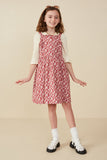 GY7790 Pink Girls Button Back Ruffle Detail Floral Corduroy Dress Pose