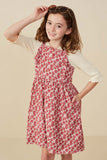 GY7790 Pink Girls Button Back Ruffle Detail Floral Corduroy Dress Pose 2