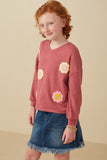 Girls Handmade Crochet Floral Detail Brushed Ribbed Knit Top Front