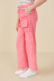 GY7814 PINK Girls Washed Cargo Pocket Detail Wide Leg Knit Pants Side