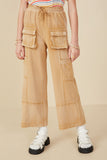 GY7814 Taupe Girls Washed Cargo Pocket Detail Wide Leg Knit Pants Front