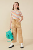 GY7814 Taupe Girls Washed Cargo Pocket Detail Wide Leg Knit Pants Full Body