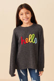 Hand Embroidered Pop Up Hello Verbiage Ribbed Knit Top