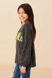 Girls Hand Embroidered Pop Up Hello Verbiage Ribbed Knit Top Side