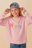 Hand Embroidered Pop Up Happy Verbiage Ribbed Knit Top