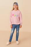 Girls Hand Embroidered Pop Up Happy Verbiage Ribbed Knit Top Full Body